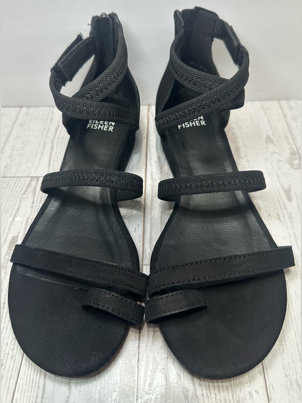 NWT - Eileen Fisher ‘Emily’ Back Zip, Strappy Ankle-Wrap Sandal, Black, Sz 6